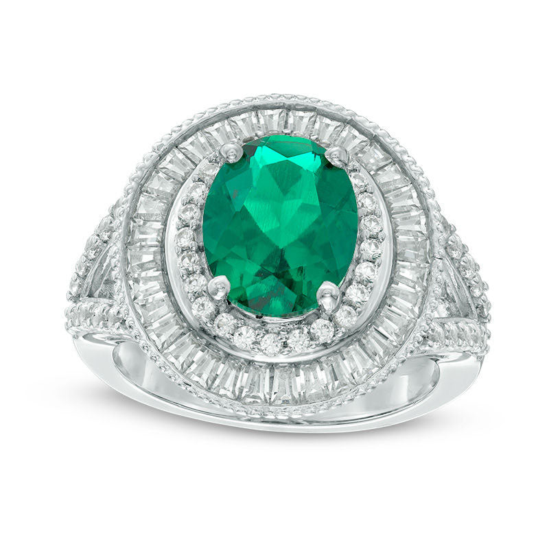 Oval Lab-Created Emerald and White Sapphire Double Frame Split Shank Ring in Sterling Silver