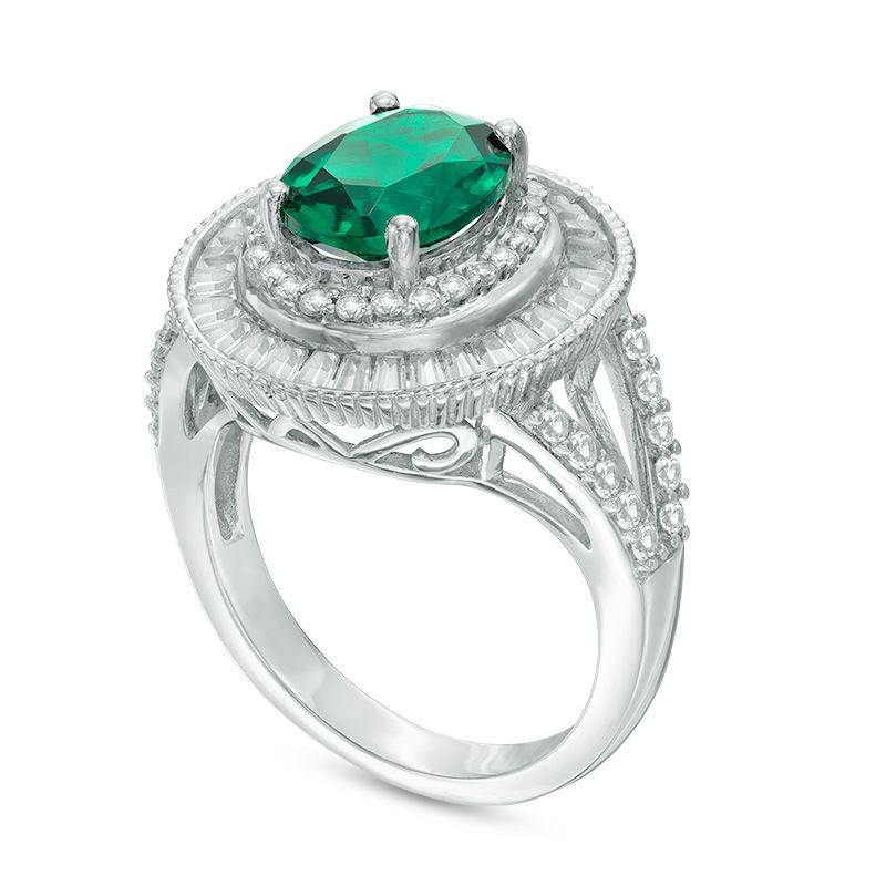 Oval Lab-Created Emerald and White Sapphire Double Frame Split Shank Ring in Sterling Silver