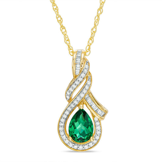 Pear-Shaped Lab-Created Emerald and White Sapphire Cascading Teardrop Pendant in Sterling Silver with 14K Gold Plate