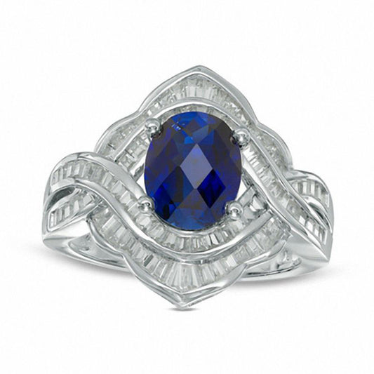 Oval Blue Sapphire and 0.75 CT. T.W. Natural Diamond Frame Ring in Solid 10K White Gold