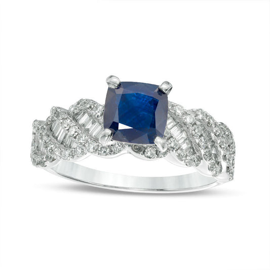 6.0mm Cushion-Cut Blue Sapphire and 0.88 CT. T.W. Natural Diamond Cascading Shank Ring in Solid 18K White Gold