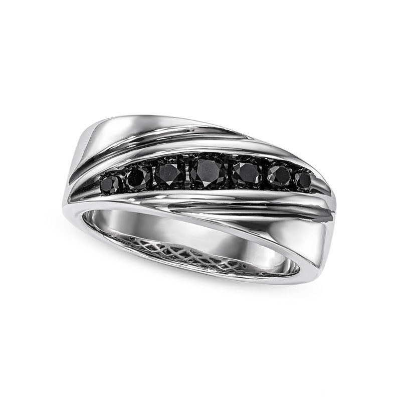 Mens 0.50 CT. T.W. Enhanced Black Natural Diamond Seven Stone Slant Wedding Band in Sterling Silver