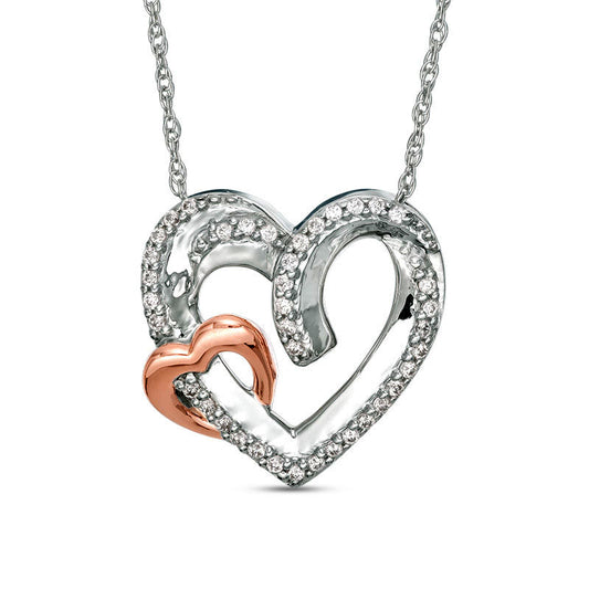 0.1 CT. T.W. Natural Diamond Interlocking Heart Pendant in Sterling Silver and 10K Rose Gold