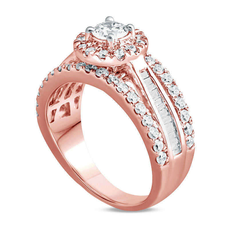 1.5 CT. T.W. Baguette and Round Natural Diamond Frame Multi-Row Engagement Ring in Solid 14K Rose Gold