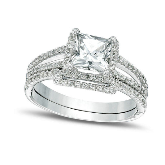 6.0mm Princess-Cut Lab-Created White Sapphire and 0.25 CT. T.W. Diamond Frame Split Shank Bridal Engagement Ring Set in Solid 10K White Gold