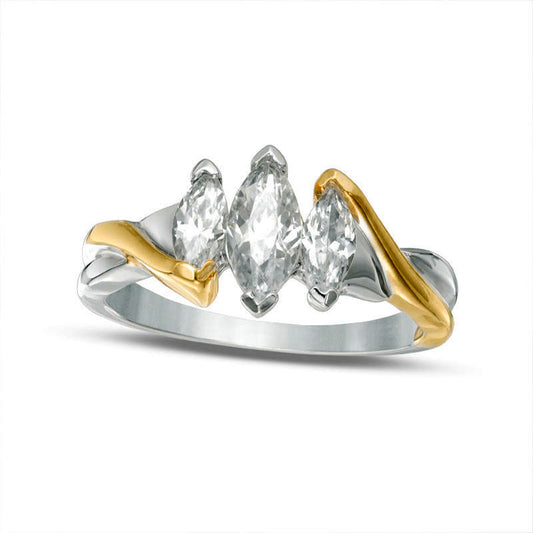 Marquise Lab-Created White Sapphire Three Stone Engagement Ring in Sterling Silver and Solid 10K Yellow Gold