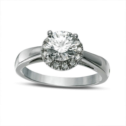 6.0mm Lab-Created White Sapphire and 0.10 CT. T.W. Diamond Frame Engagement Ring in Solid 10K White Gold