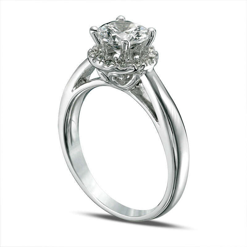 6.0mm Lab-Created White Sapphire and 0.10 CT. T.W. Diamond Frame Engagement Ring in Solid 10K White Gold