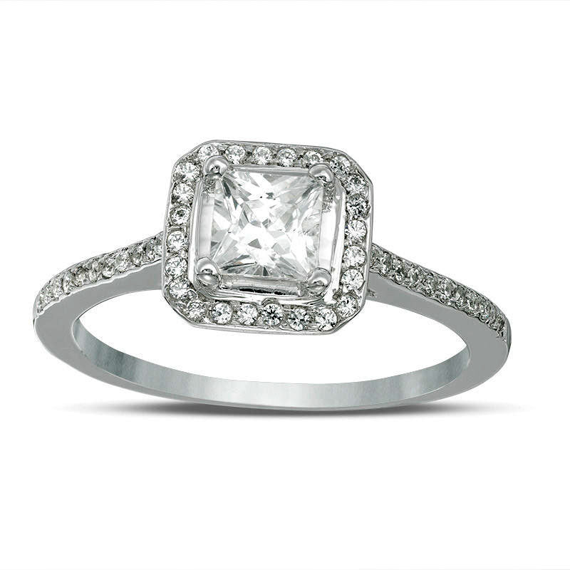 4.3mm Princess-Cut Lab-Created White Sapphire and 0.17 CT. T.W. Diamond Frame Engagement Ring in Solid 10K White Gold