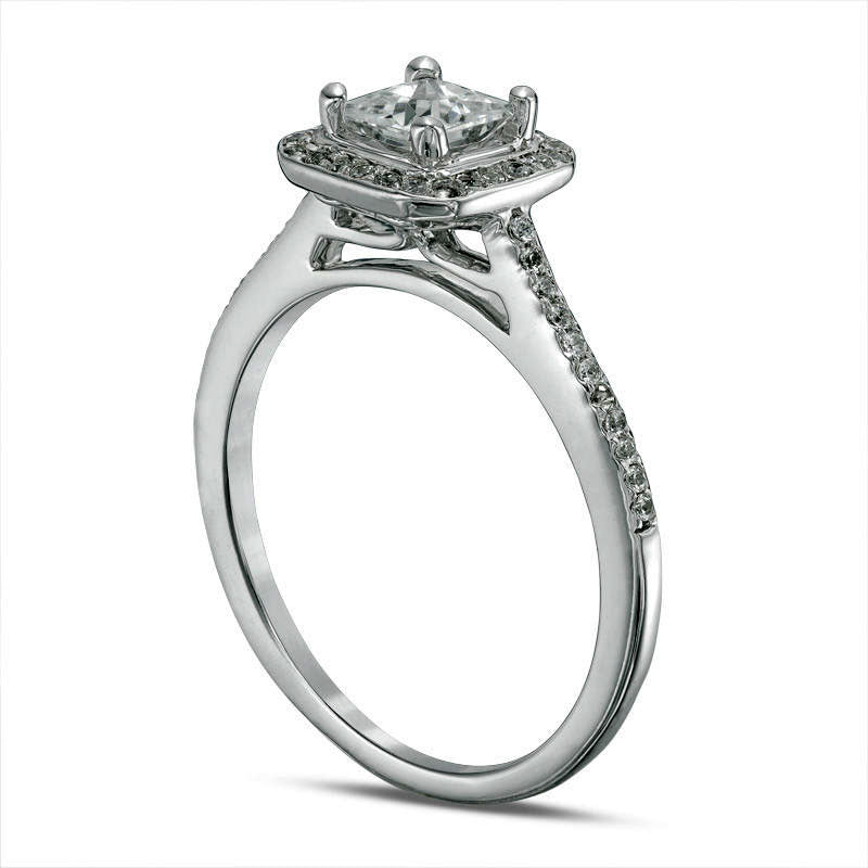 4.3mm Princess-Cut Lab-Created White Sapphire and 0.17 CT. T.W. Diamond Frame Engagement Ring in Solid 10K White Gold