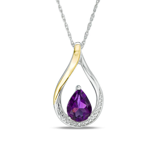 Pear-Shaped Amethyst and Natural Diamond Accent Teardrop Pendant in Sterling Silver and 10K Yellow Gold