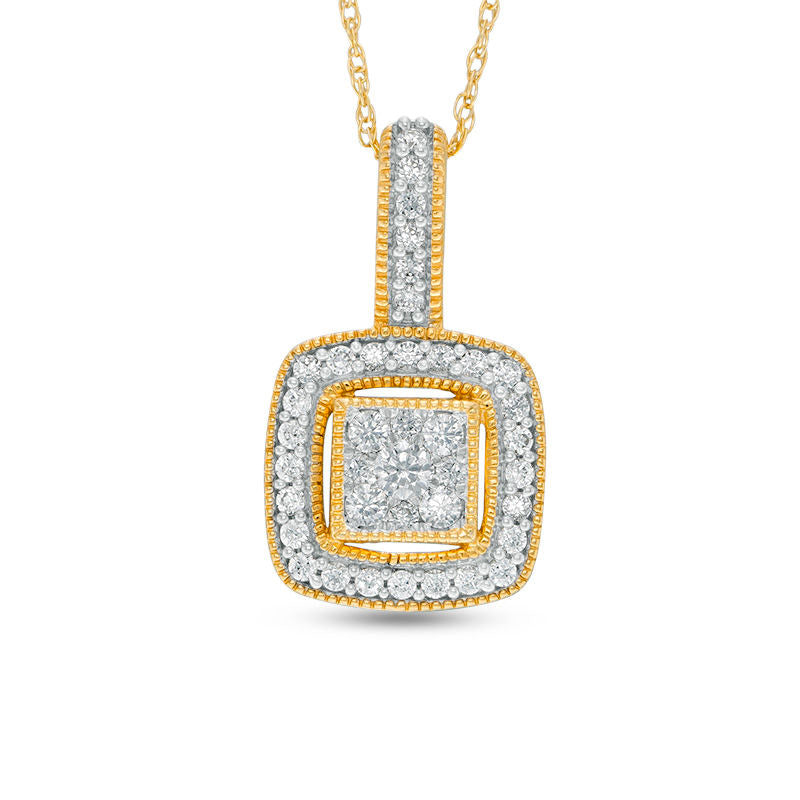 0.33 CT. T.W. Composite Natural Diamond Cushion Frame Antique Vintage-Style Pendant in 10K Yellow Gold