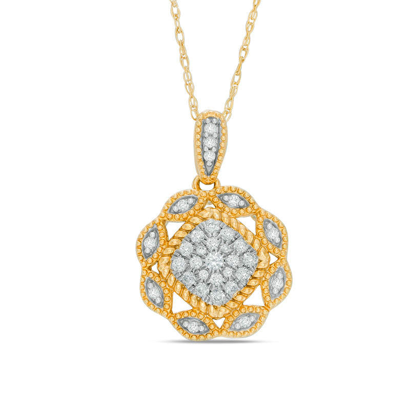 0.13 CT. T.W. Composite Natural Diamond Flower Antique Vintage-Style Pendant in 10K Yellow Gold