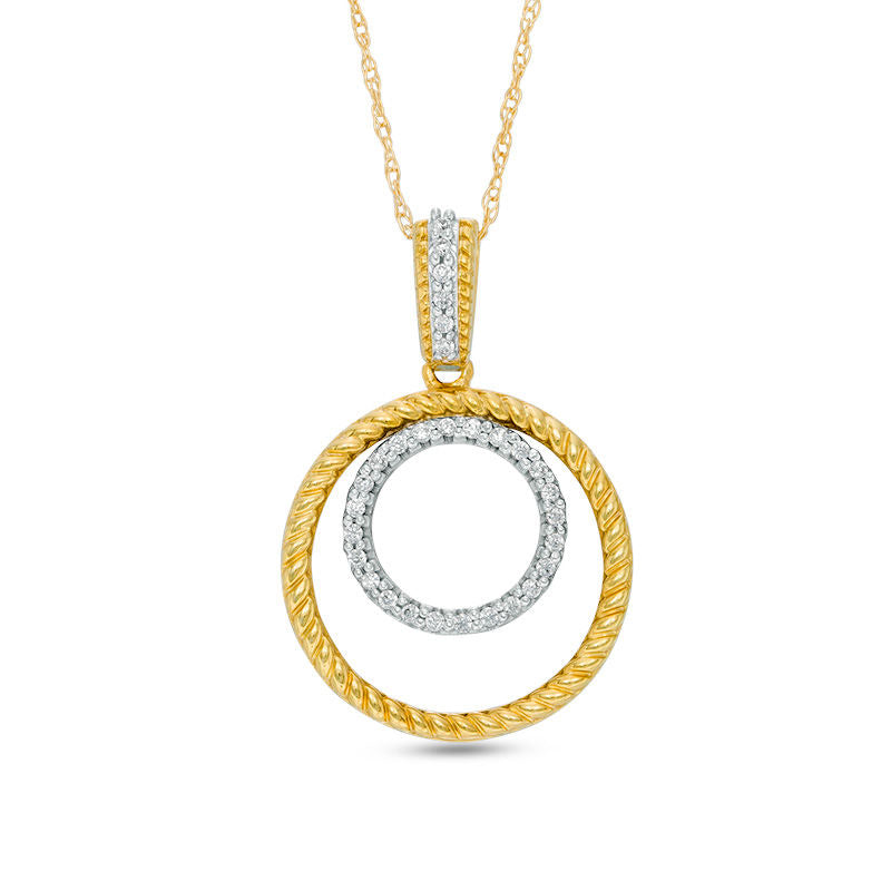 0.1 CT. T.W. Natural Diamond and Rope-Textured Double Circle Pendant in 10K Yellow Gold