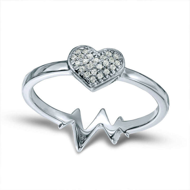 0.10 CT. T.W. Natural Diamond Heart and Heartbeat Two-Sided Ring in Solid 10K White Gold