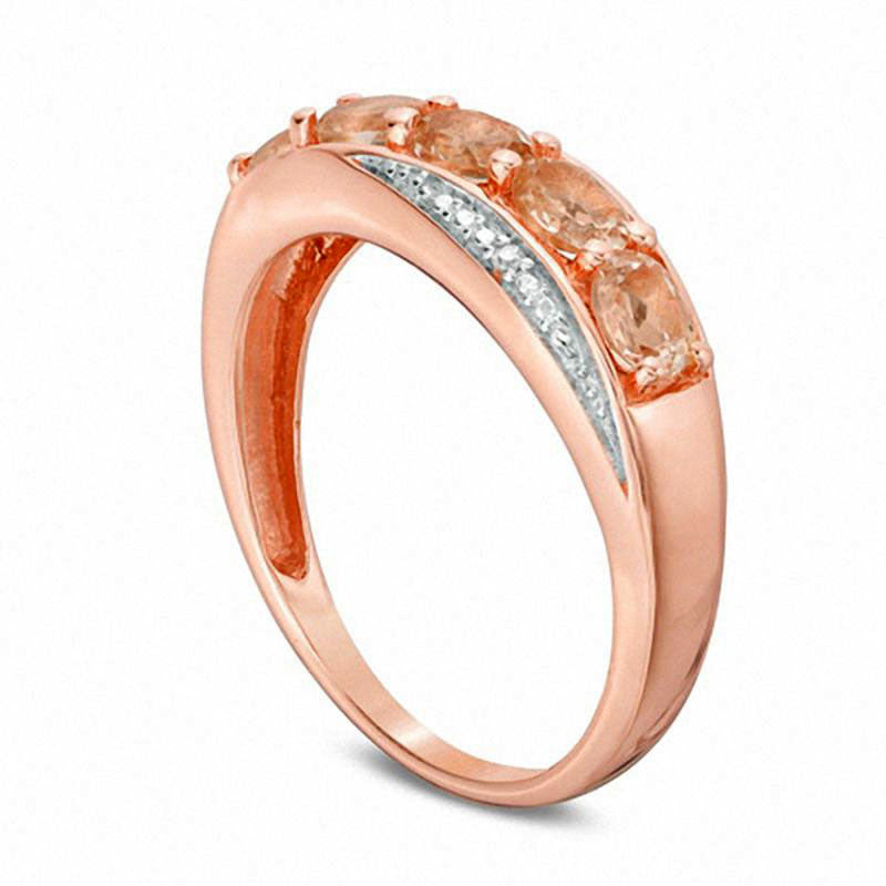 Oval Morganite and Natural Diamond Accent Beaded Five Stone Slant Ring in Solid 10K Rose Gold