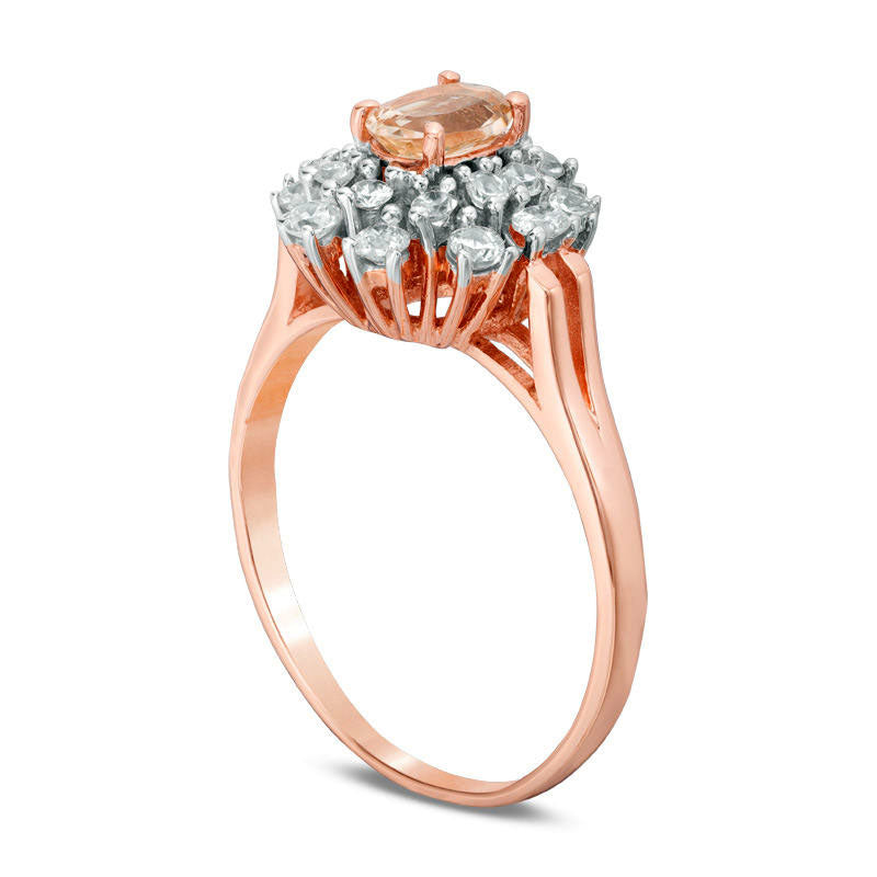 Oval Morganite and White Sapphire Floral Frame Ring in Solid 10K Rose Gold