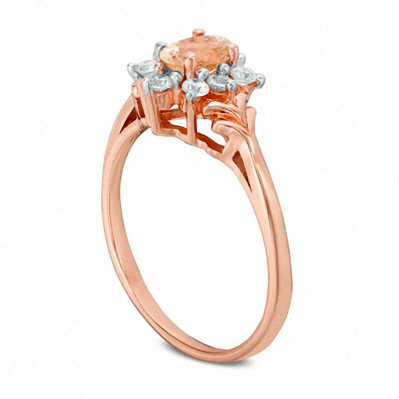 Oval Morganite and White Sapphire Sunburst Frame Ring in Solid 10K Rose Gold