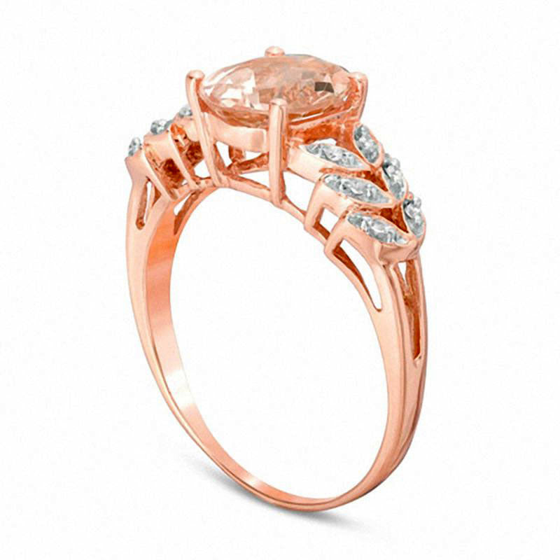 Oval Morganite and White Sapphire Leaf Split Shank Ring in Solid 10K Rose Gold