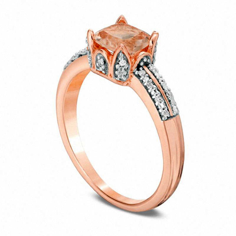 6.0mm Cushion-Cut Morganite and Natural Diamond Accent Double Row Ring in Solid 10K Rose Gold