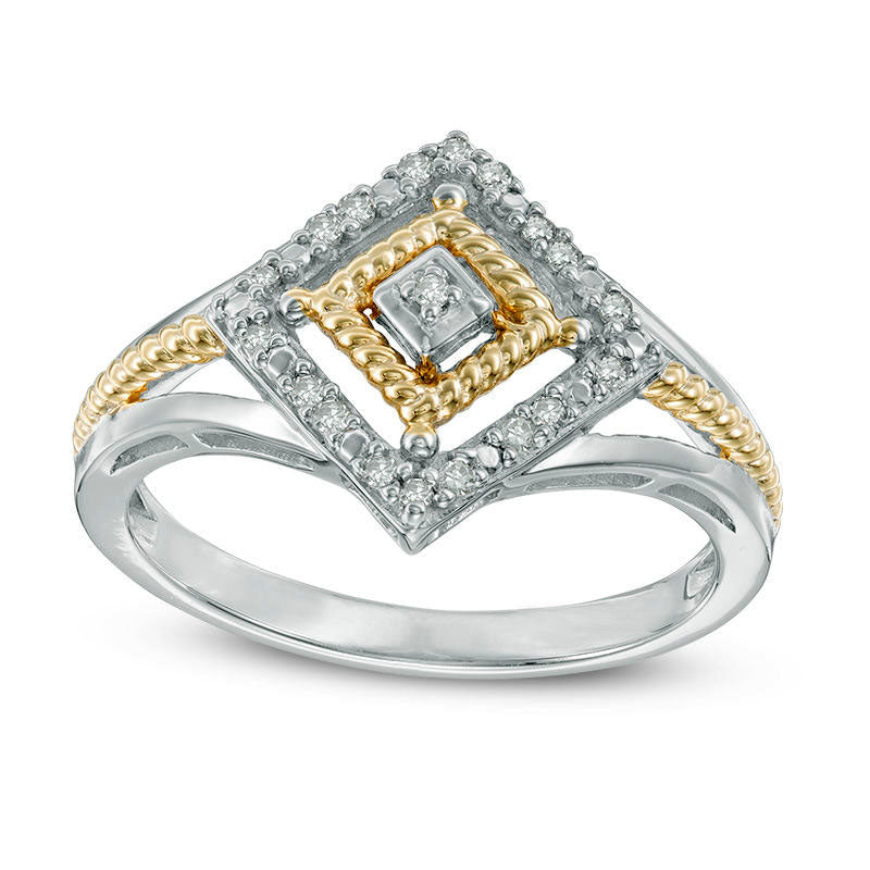 0.10 CT. T.W. Natural Diamond Double Square Frame Split-Shank Ring in Sterling Silver with Solid 14K Gold Plate