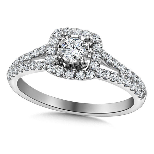 0.63 CT. T.W. Natural Diamond Cushion Frame Split Shank Engagement Ring in Solid 10K White Gold