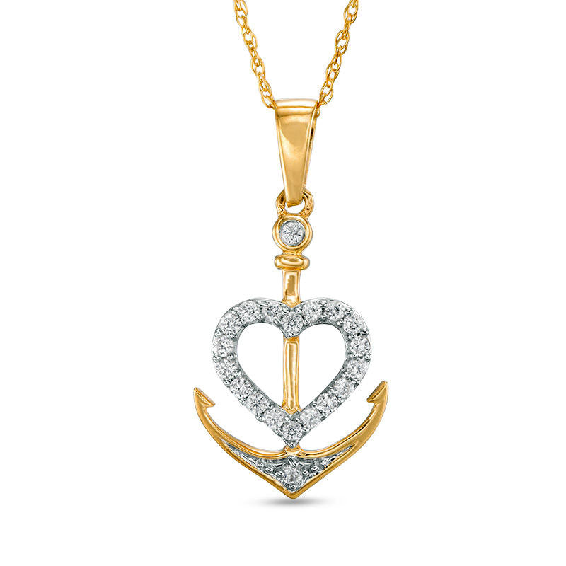 0.13 CT. T.W. Natural Diamond Anchor with Heart Pendant in 10K Yellow Gold