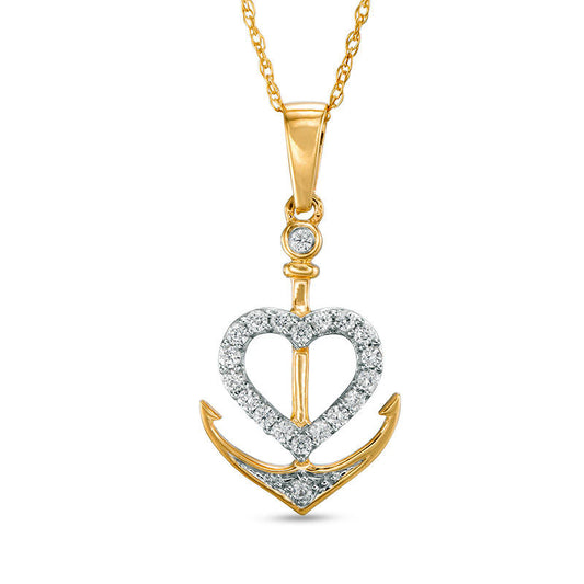 0.13 CT. T.W. Natural Diamond Anchor with Heart Pendant in 10K Yellow Gold