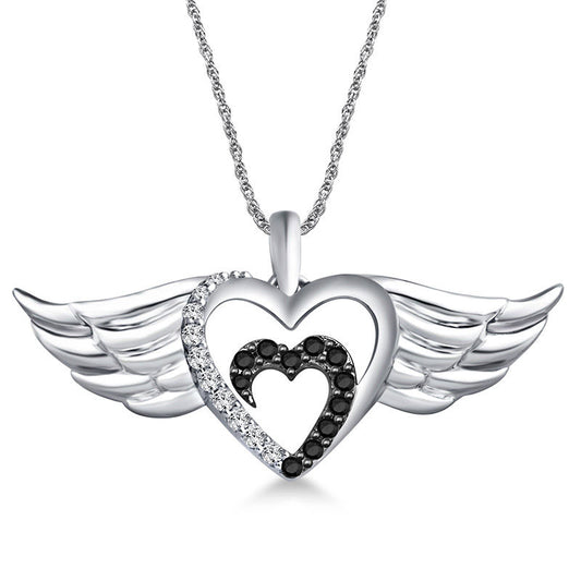 0.13 CT. T.W. Enhanced Black and White Natural Diamond Double Winged Hearts Pendant in Sterling Silver