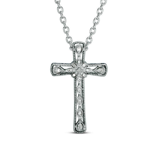 Natural Diamond Accent Antique Vintage-Style Cross Pendant in Sterling Silver