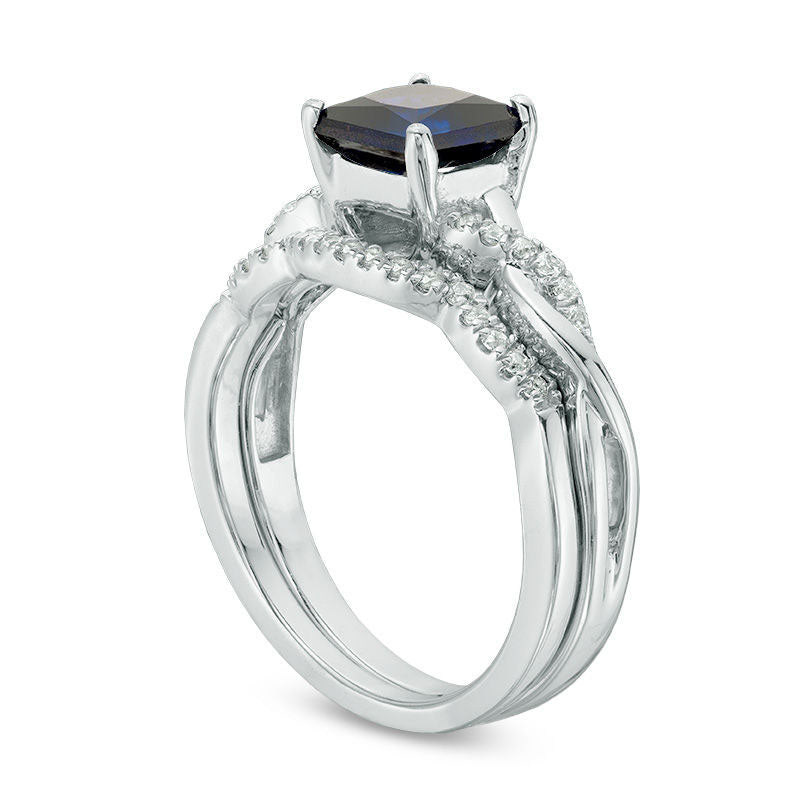 6.0mm Princess-Cut Lab-Created Blue Sapphire and 0.13 CT. T.W. Diamond Twist Shank Bridal Engagement Ring Set in Sterling Silver