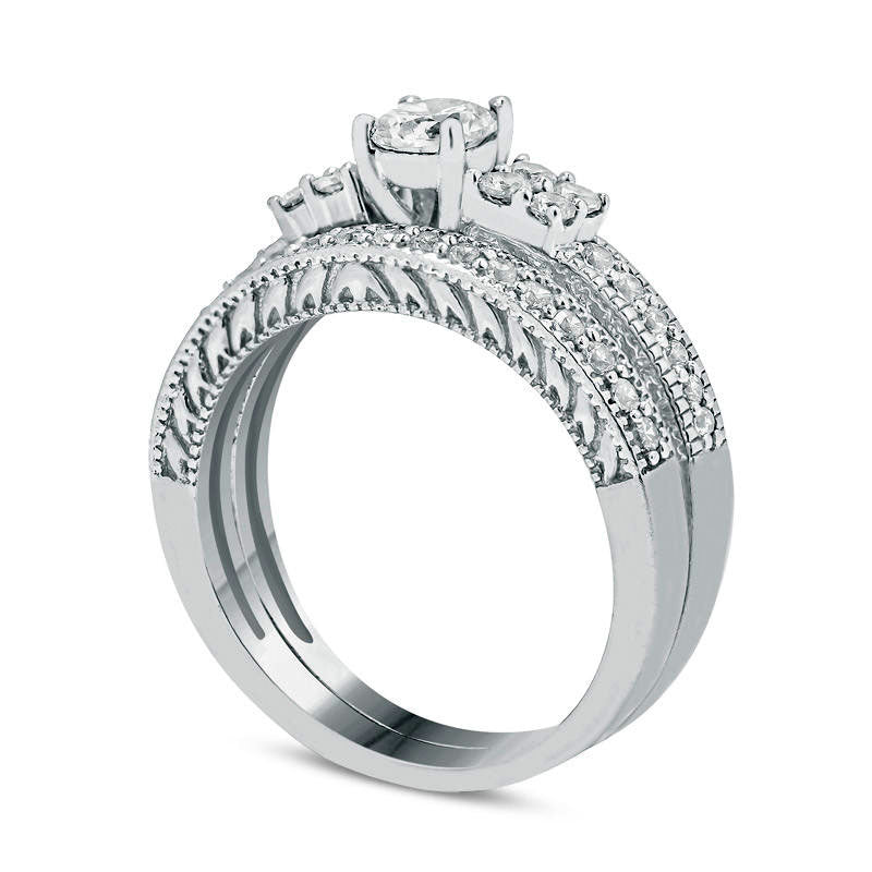 1.0 CT. T.W. Natural Diamond Antique Vintage-Style Bridal Engagement Ring Set in Solid 14K White Gold