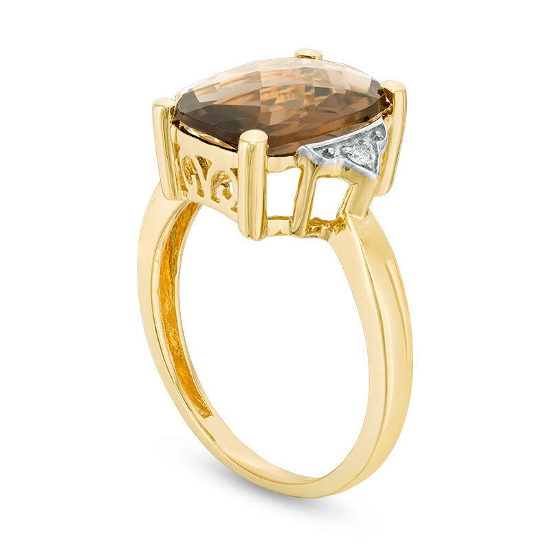 Cushion-Cut Smoky Quartz and Natural Diamond Accent Ring in Solid 10K Yellow Gold