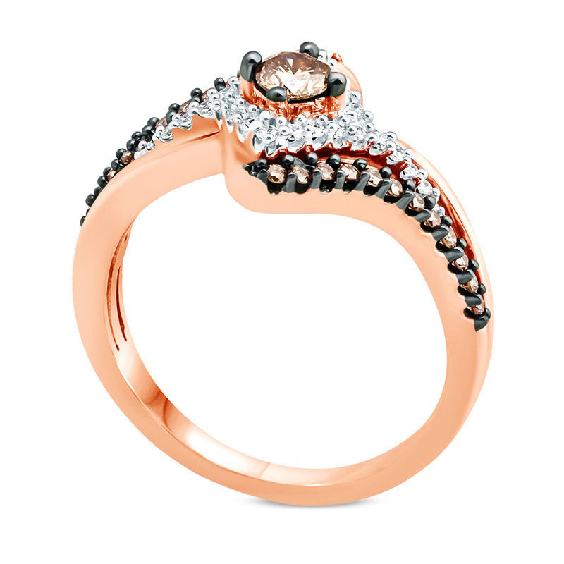 0.50 CT. T.W. Champagne and White Natural Diamond Tilted Square Frame Bypass Ring in Solid 10K Rose Gold