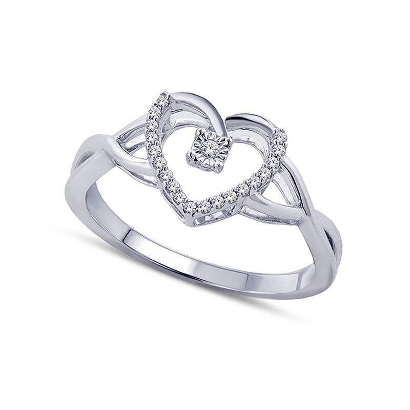 Natural Diamond Accent Heart Frame Twist Shank Ring in Sterling Silver