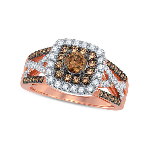 1.0 CT. T.W. Champagne and White Natural Diamond Double Cushion Frame Split Shank Ring in Solid 10K Rose Gold