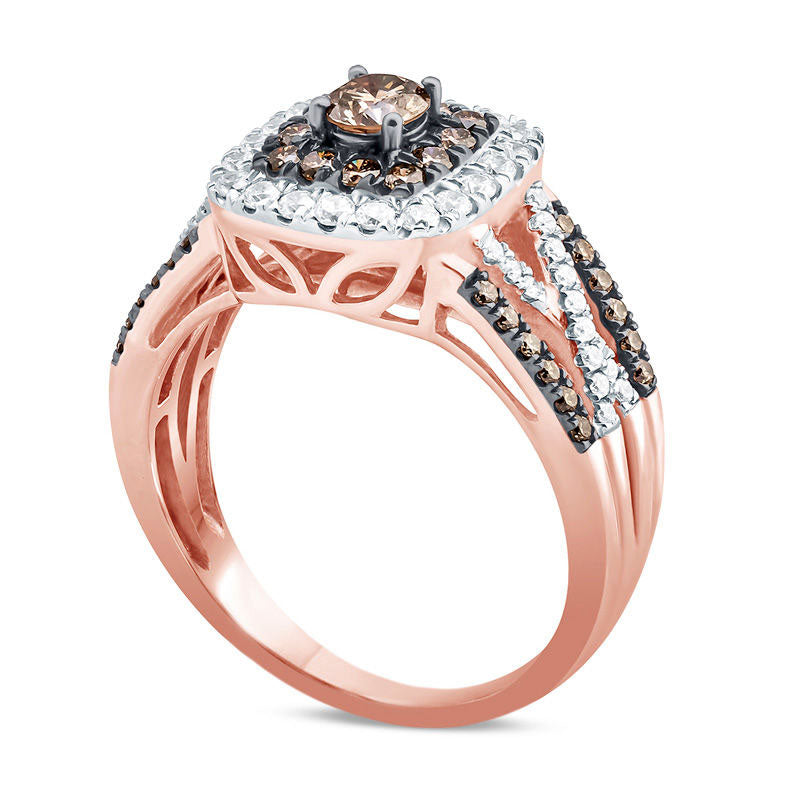 1.0 CT. T.W. Champagne and White Natural Diamond Double Cushion Frame Split Shank Ring in Solid 10K Rose Gold