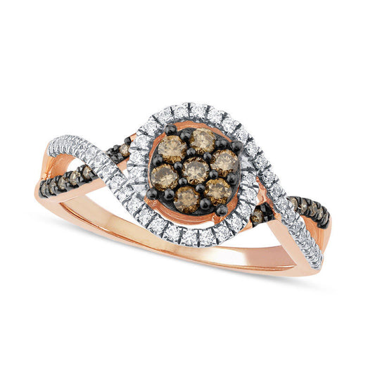 0.50 CT. T.W. Champagne and White Composite Natural Diamond Swirl Frame Split Shank Ring in Solid 10K Rose Gold