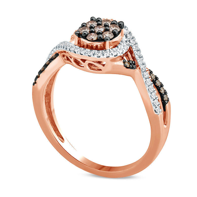 0.50 CT. T.W. Champagne and White Composite Natural Diamond Swirl Frame Split Shank Ring in Solid 10K Rose Gold