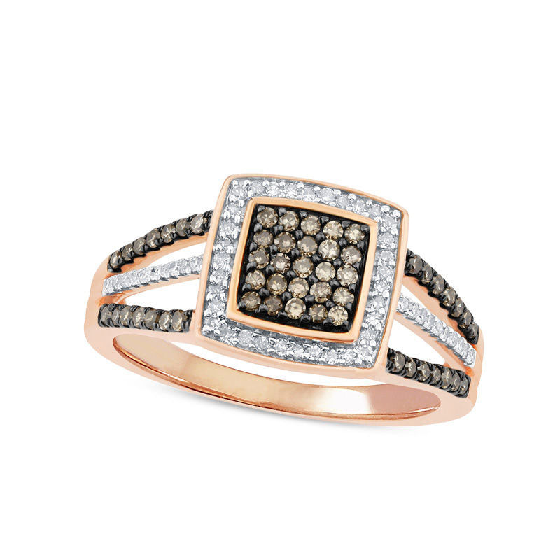 0.50 CT. T.W. Champagne and White Composite Natural Diamond Cushion Frame Split Shank Ring in Solid 10K Rose Gold