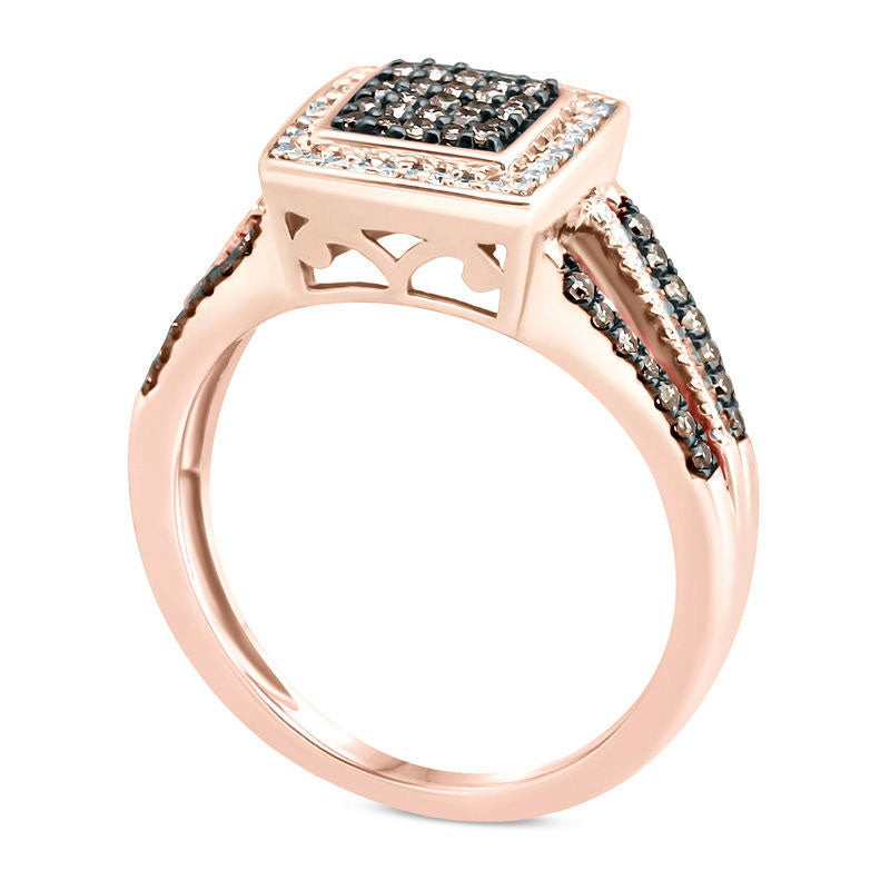 0.50 CT. T.W. Champagne and White Composite Natural Diamond Cushion Frame Split Shank Ring in Solid 10K Rose Gold