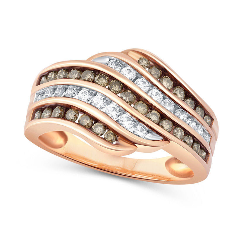 1.0 CT. T.W. Champagne and White Natural Diamond Five Row Wave Ring in Solid 10K Rose Gold