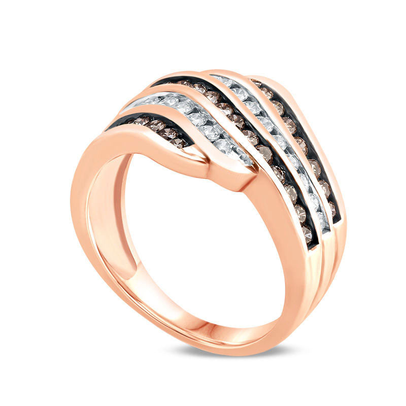 1.0 CT. T.W. Champagne and White Natural Diamond Five Row Wave Ring in Solid 10K Rose Gold