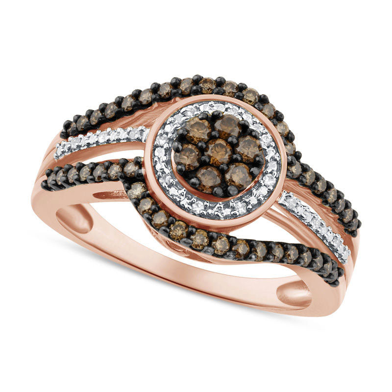 0.50 CT. T.W. Champagne and White Composite Natural Diamond Swirl Frame Split Shank Ring in Solid 10K Rose Gold