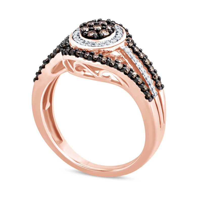 0.50 CT. T.W. Champagne and White Composite Natural Diamond Swirl Frame Split Shank Ring in Solid 10K Rose Gold