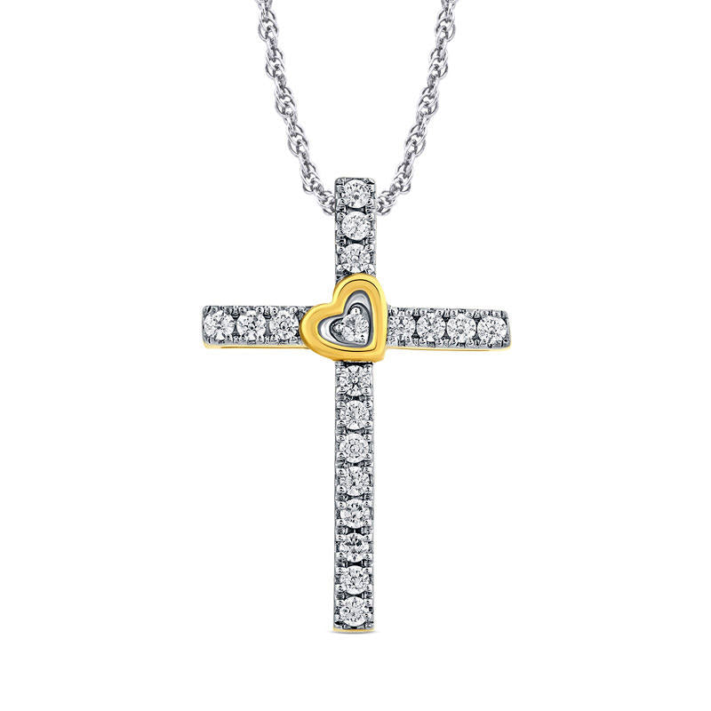 0.25 CT. T.W. Natural Diamond Cross with Heart Pendant in 10K Yellow Gold