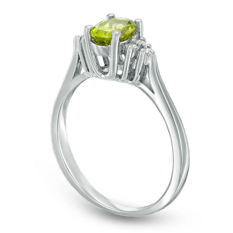 Oval Peridot and Natural Diamond Accent Tri-Sides Ring in Solid 10K White Gold