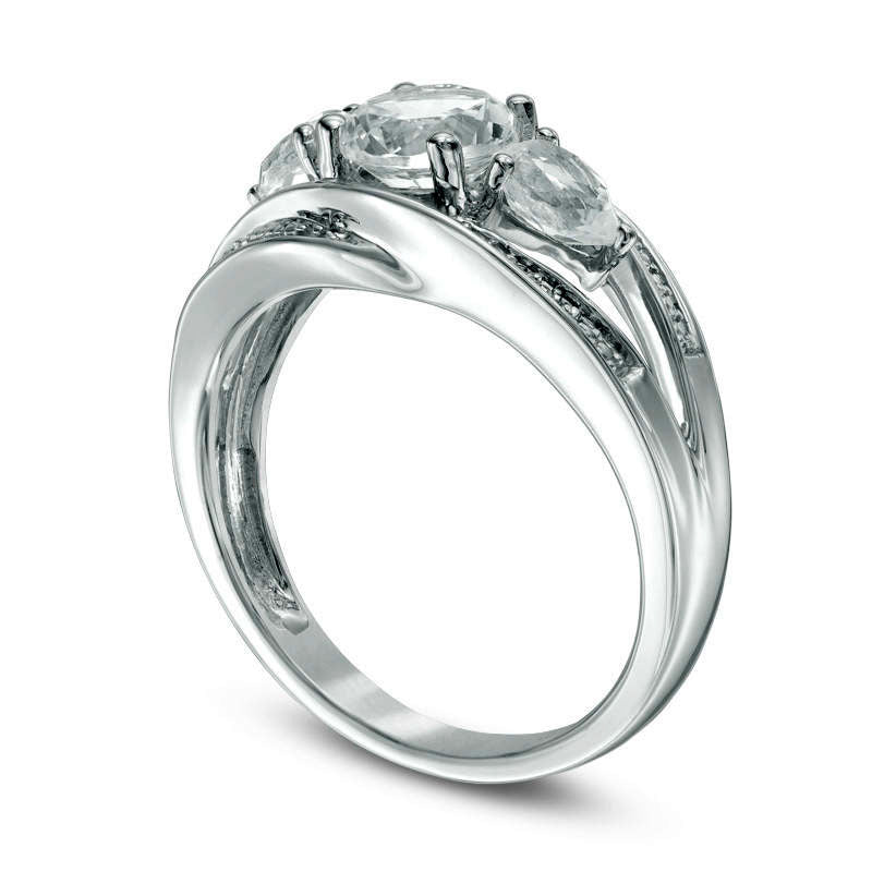 6.0mm Lab-Created White Sapphire and Diamond Accent Split Shank Three Stone Ring in Sterling Silver