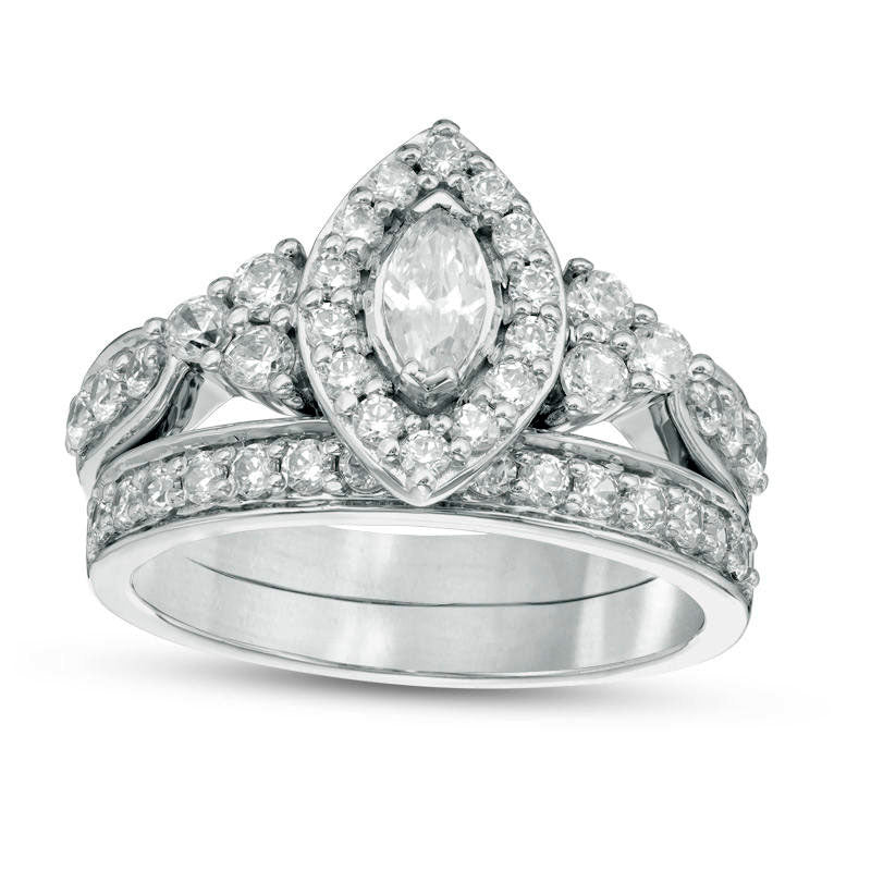 1.20 CT. T.W. Marquise Natural Diamond Frame Tri-Sides Bridal Engagement Ring Set in Solid 10K White Gold