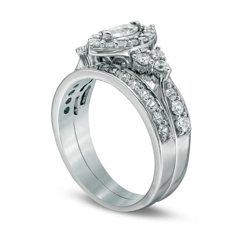 1.20 CT. T.W. Marquise Natural Diamond Frame Tri-Sides Bridal Engagement Ring Set in Solid 10K White Gold